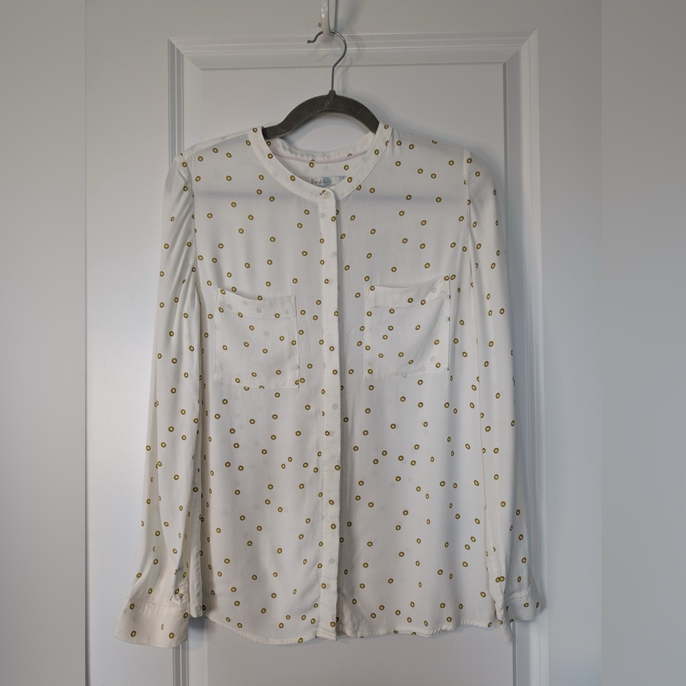 Boden Women’s Button Down Printed Blouse White Yellow Black Size 8R